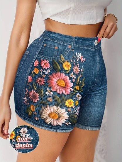 Women's Stretch Denim Like Shorts with Floral Print Design Casual  Versatile Summer Style