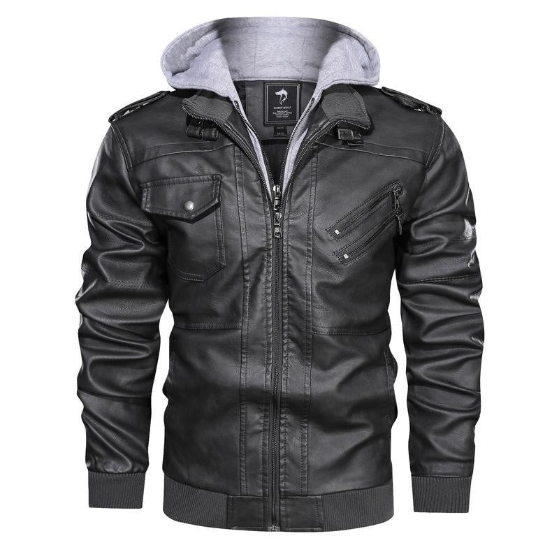Spring Autumn Motorcycle Leather Jacket For Men Slim Fit Zipper Retro PU Coat Casual Fake Two Piece Hooded Leather Jacket