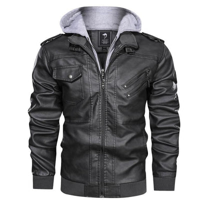 Spring Autumn Motorcycle Leather Jacket For Men Slim Fit Zipper Retro PU Coat Casual Fake Two Piece Hooded Leather Jacket