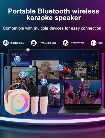 Máquina de Karaokê Portátil Haomuren com 1 ou 2 Microfones Sem Fio Mini Caixa de Som Bluetooth para Crianças Cantarem Presente de Festa em Família