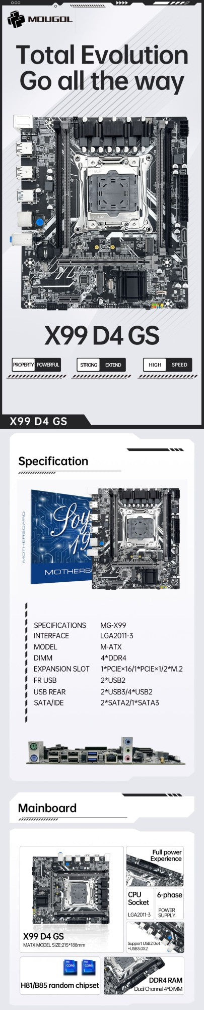 Conjunto de placa-mãe MOUGOL X99 com CPU Intel Xeon E5 2650 V4 DDR4 de canal duplo 16Gx1 2133MHz RAM para componentes de computador gamer
