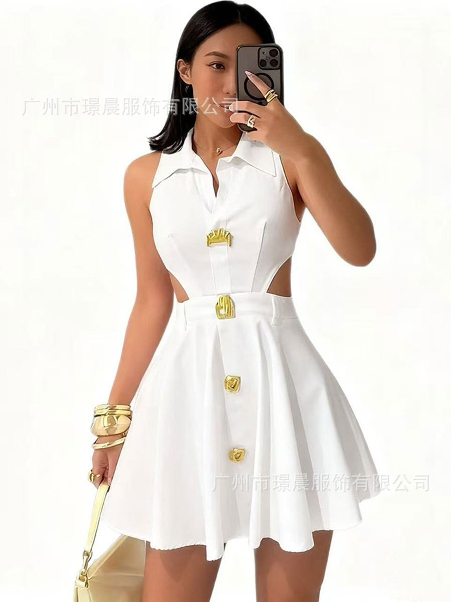 Sexy Hollow Out Sleeveless Dresses For Women Fashion Elegant Solid Lapel French Dress Summer Office A-line Robe Femme Black