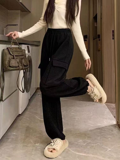 Winter Thick Fleece Women's Pants Casual Matching Cargo Pants Chic Sportswear Drawstring Straight Pants Lady's Trousers Pocket