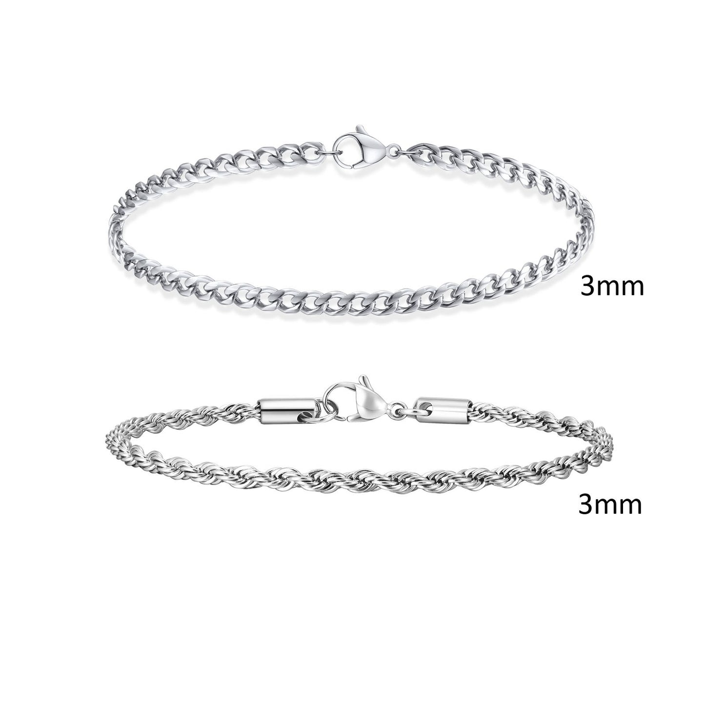 2 Pulseiras Masculinas de Corrente, Aço Inoxidável Prata Ouro Cor Preta, Corrente de Corda Torcida, Pulseira, Correntes Cubanas Modernas de Presente
