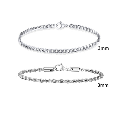 2 Pulseiras Masculinas de Corrente, Aço Inoxidável Prata Ouro Cor Preta, Corrente de Corda Torcida, Pulseira, Correntes Cubanas Modernas de Presente