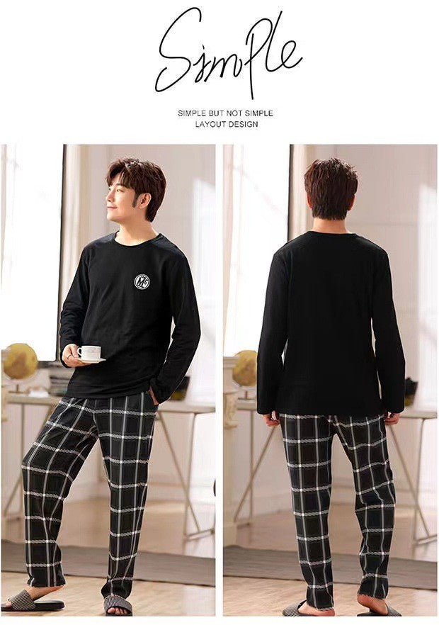 2Pcs/set men's pajamas set of large size long-sleeved long trousers autumn and winter students home clothing round neck autumn m
