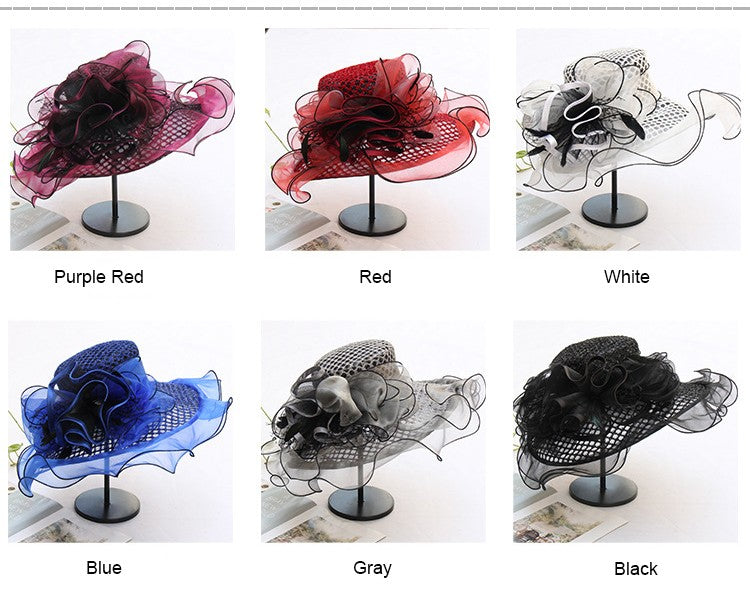 FS Mulheres Organza Vermelha Chapéus Casamento Fascinadores Elegante Grande Aba Larga Fedora Kentucky Derby Chapéus Festa Formal Igreja Chapéu Feminino