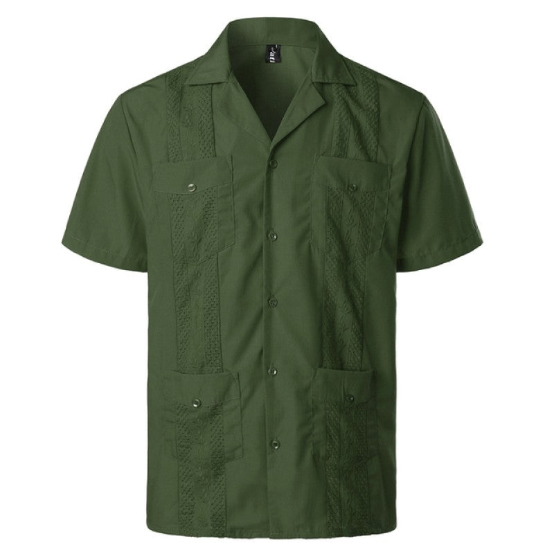 Men's Traditional Cuban Camp Collar Guayabera Shirts Short Sleeve Embroidered Mexican Caribbean Style Beach Shirts with 4 Pocket