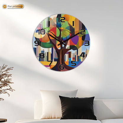 Geometric Abstract Tree Wall Clock, Colorful Cityscape Backdrop, Modern Art Urban Nature Fusion Home Decor