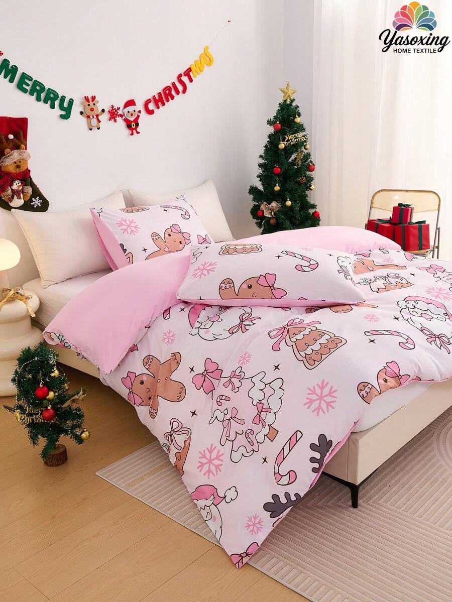 2/3pcs Pink Christmas Snowflake Gift Gingerbread Man Pattern Reversible Color Duvet Cover Bedding Set, Soft Breatheable