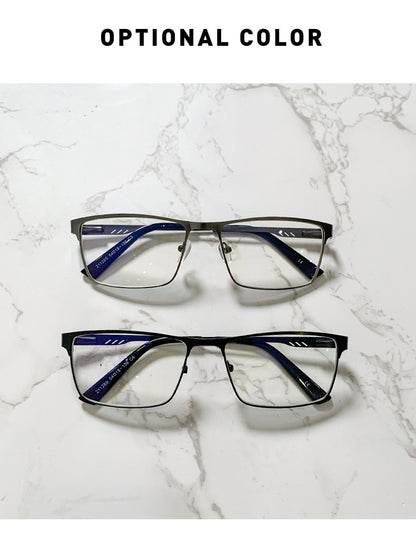 Óculos de Leitura Masculinos Retangulares de Metal com Armação Grande, Hastes Flexíveis, Óculos de Presbiopia para Idosos com Bloqueio de Luz Azul e Proteção para os Olhos