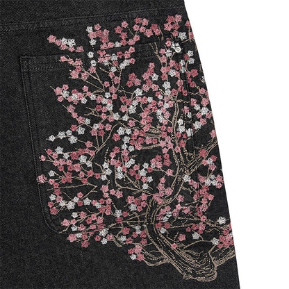 Fashion Retro Cherry Blossom Pattern Embroidery Black Denim Shorts Gothic Hip Hop Men Women Versatile Casual Streetwear Summer
