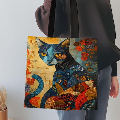 1pc Abstract Cat Tote Bag Cute Quirky Small Animal Shoulder Bag Printed Linen Eco Handbag Shopping Office Reusable Casual Bags