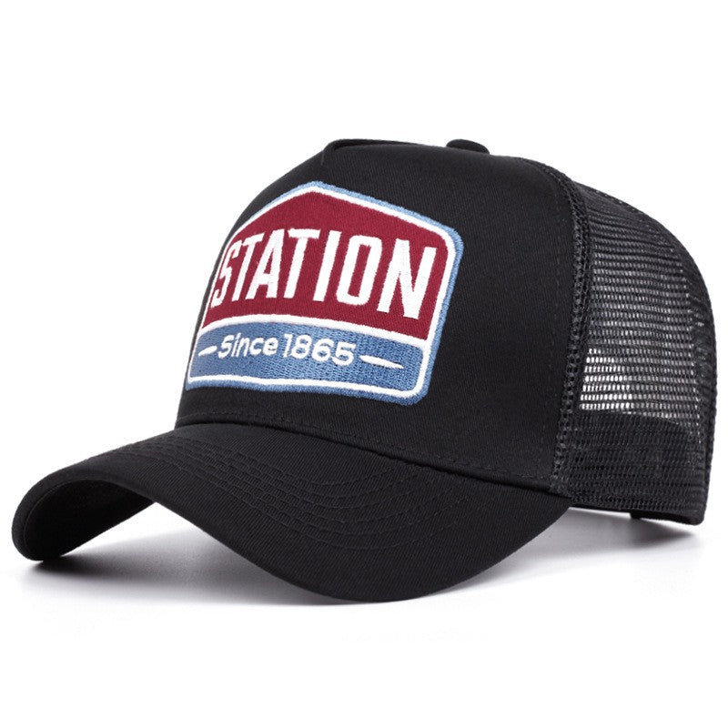 Boné Unissex Clássico com Estampa de Letras "STATION" em Tela, Boné Respirável Masculino e Feminino para Streetwear, Chapéu Trucker de Verão