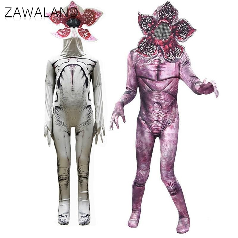 Zawaland Demogorgon Costume with Mask Adult Boy Girl Carnival Jumpsuit 3D Print Zombie Party Outfit Stage Disguise Dress Up