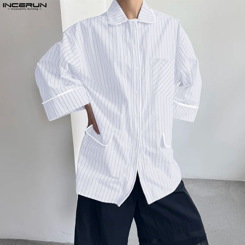 INCERUN Men Striped Shirt Lapel 3/4 Sleeve Oversize Casual Men Clothing Streetwear Korean Style Loose Fashion Tops Male Shirts