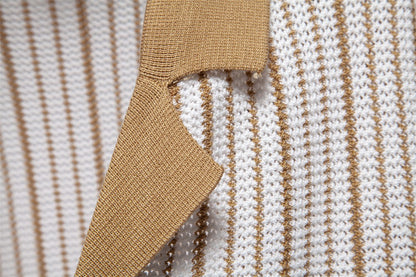 AIOPESON 2025 Men's Striped Mesh Polo Shirt - Breathable Contrast Panel Knit Top with Turn-Down Collar