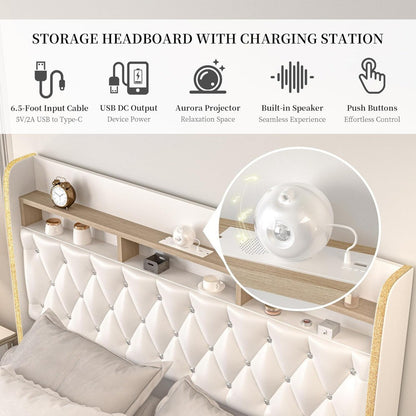 Cama Queen LED com 2 Gavetas de Armazenamento, Plataformas Estofadas em PU com Projetor Estrelas Galáxia Estação de Carregamento e Alto-falante, Au