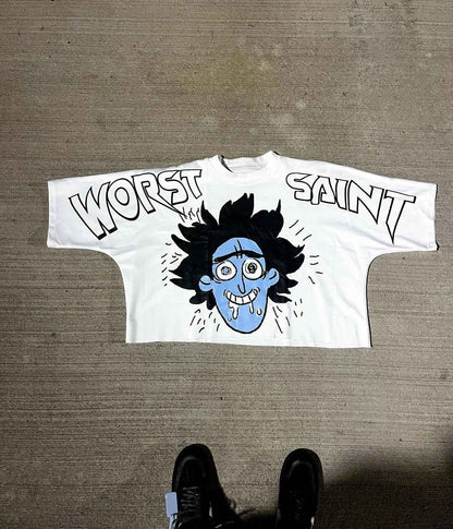 American Hip-hop Anime Print Oversized T-shirt Men Retro Trendy Streetwear Top Pure Cotton Round Neck Casual Loose Short Sleeves