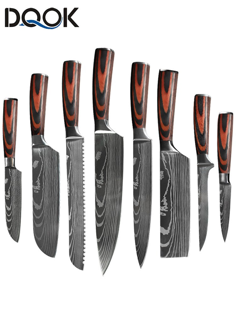 Conjunto de Facas de Chef 1-10 Peças Facas de Cozinha Padrão Damasco a Laser Faca Japonesa Santoku Afiada Cutelo Faca Utilitária para Fatiar