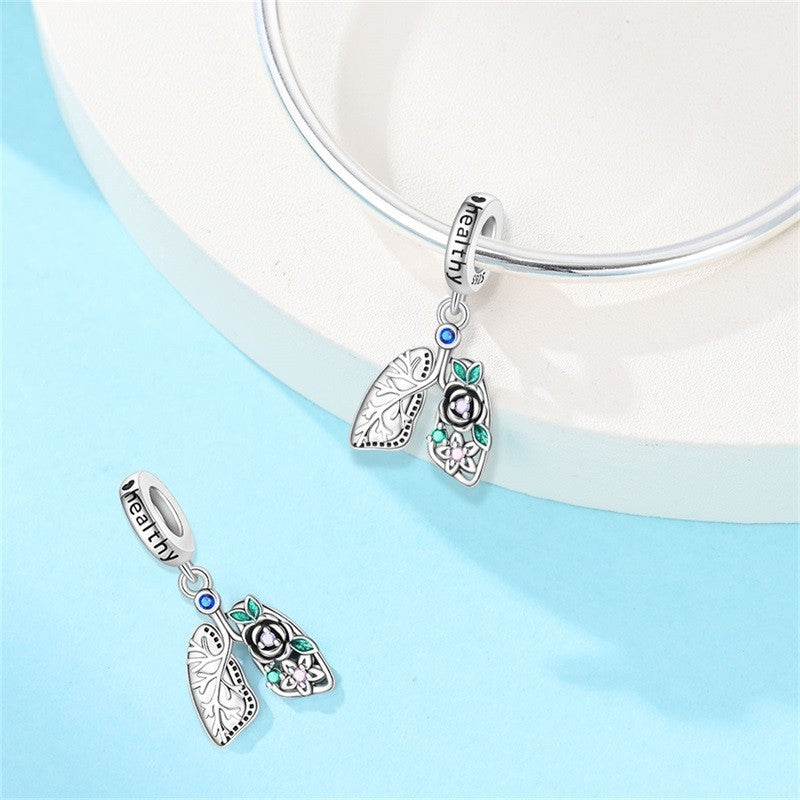 Heart & Organ Charm 925 Sterling Silver Red Rose Skull Dangle Pendant Dark Aesthetic Fit Bangle Bracelet Necklace DIY Jewelry