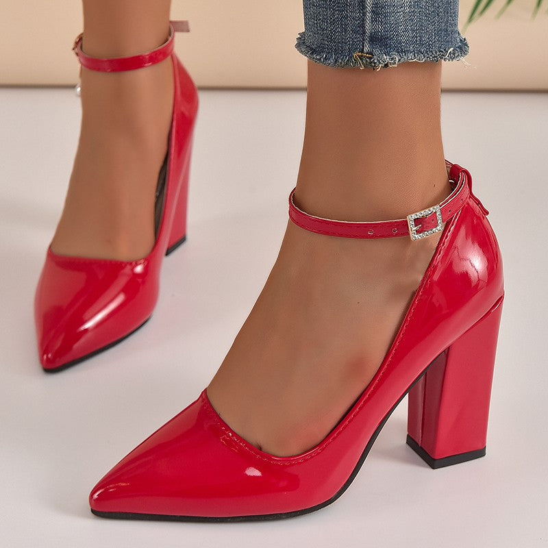Apricot Red 10cm Super High Heel Ankle Strap Pumps Women Shoes Pointed Toe Fashion Crystals Buckle Patent Leather Plus Size 50