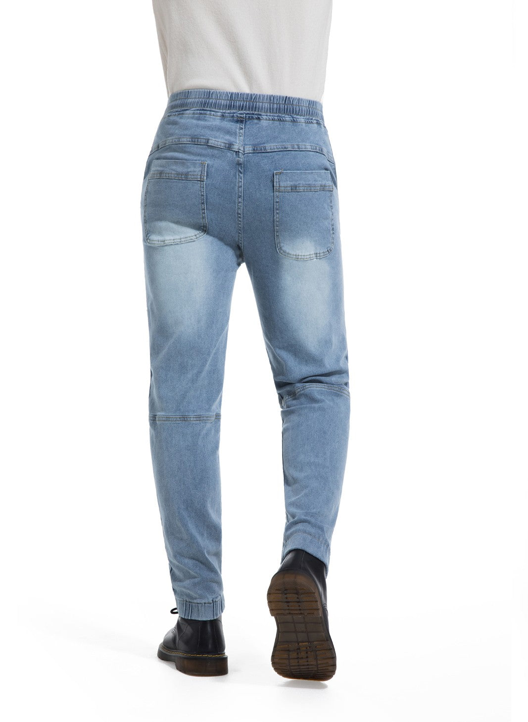 Calça jeans masculina, estilo casual, com elástico na cintura, cor lisa, adequada para todas as estações.