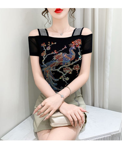 Summer New Fashion Cartoon T-shirt Chic Hollow Out Hot Diamonds Tees Sexy Off Shoulder Short Sleeve Women's Tops Blouse