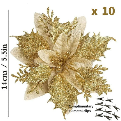 10pcs 14cm Glitter Poinsettia Christmas Artificial Flowers with Clips DIY Xmas Tree Ornaments Wreath Fireplace Decorations