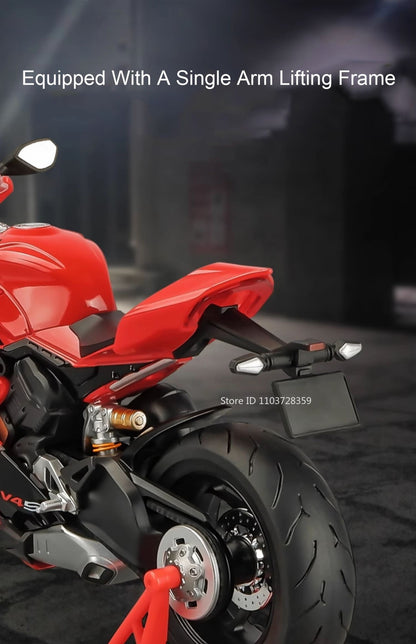 Modelos de motocicleta em miniatura 1:9 Scale 1299 V4S Brinquedos de motocicleta de liga leve com som, luz e absorção de choque, motocicletas de ornamento para presentes infantis