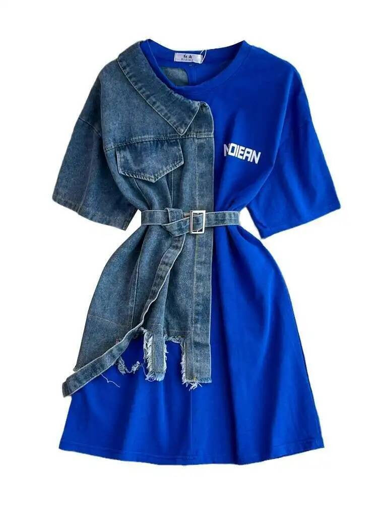 XFPV Women's Sweet high Waist Wrap Belt Round Neck patchwork Denim Shirt  Chic Top Y2k Korean Fashion Spring Summer 2025 SM11327