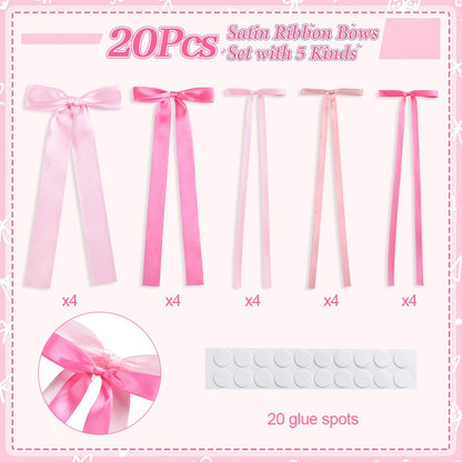 20Pcs Pink Bow Wall Decor, DIY Bow Photo Backdrop for Birthday Wedding Bachelorette Party Home Room Decoration DIY Gifts Ribbon