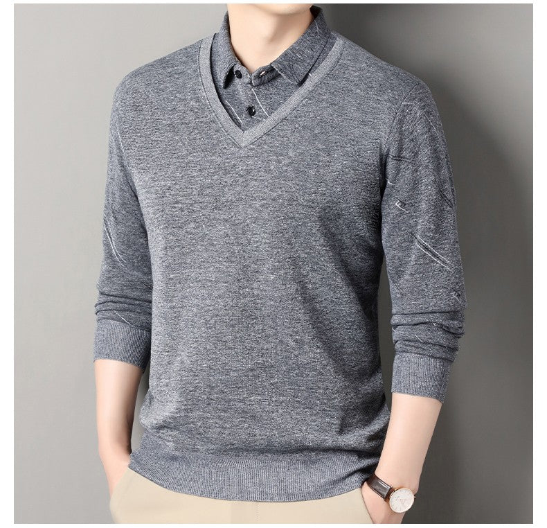 Men's Fleece Lining Sweater Autumn Winter Pullover Polo Shirt Collar Fake Two Piece Thick Warm Top Clothes Casual Knitwear