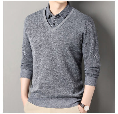 Men's Fleece Lining Sweater Autumn Winter Pullover Polo Shirt Collar Fake Two Piece Thick Warm Top Clothes Casual Knitwear