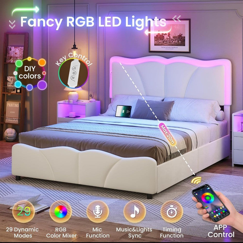 Estrutura de Cama Queen com 4 Gavetas de Armazenamento e Luzes LED, Estrutura de Cama Plataforma Estofada em Veludo com Cabeceira Ajustável em Altura