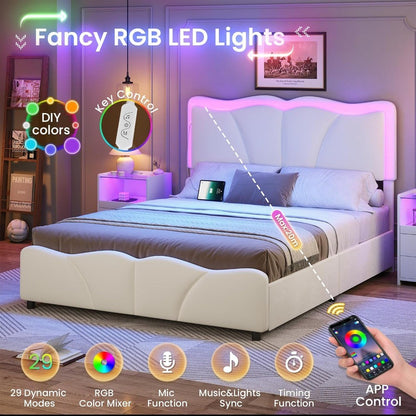 Estrutura de Cama Queen com 4 Gavetas de Armazenamento e Luzes LED, Estrutura de Cama Plataforma Estofada em Veludo com Cabeceira Ajustável em Altura