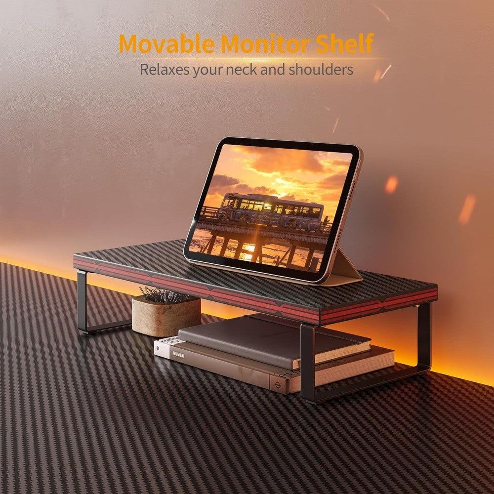 Large Corner Gaming Desk with Carbon Fiber Surface and Monitor Stand for Home Office