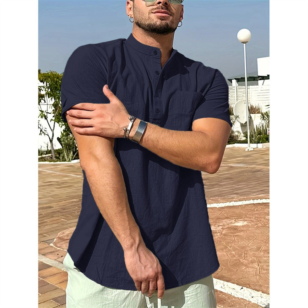 Summer Hot Sale Men's T-shirt Cotton Linen Henley Neck Casual Breathable Lightweight Solid Color Pocket Button Tops
