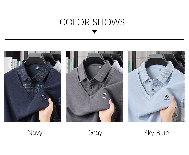 TFETTERS Business Men Polo Shirt 2025 Fashion Casual Slim Long Sleeve T Shirt Men Pullover Printed Plaid Shirts for Man Clothing