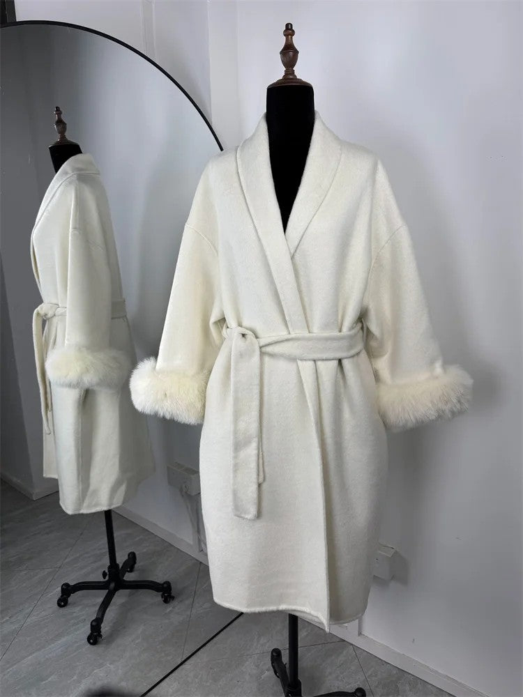 Casacos Curtos de Lã Elegantes com Cadarço Sólido Lapela Solta Cinto Peludo Manga Longa Jaqueta Feminina 2025 Outono Inverno Lady Chique Cardigãs