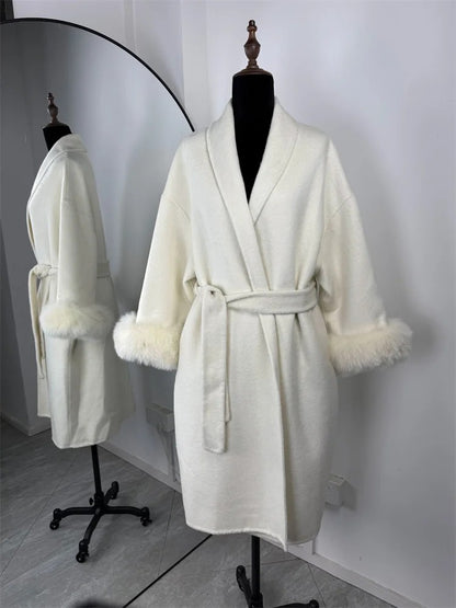 Casacos Curtos de Lã Elegantes com Cadarço Sólido Lapela Solta Cinto Peludo Manga Longa Jaqueta Feminina 2025 Outono Inverno Lady Chique Cardigãs