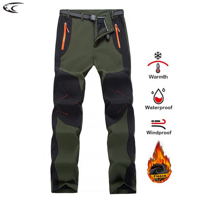LNGXO Thick Warm Fleece Hiking Pants Men Winter Waterproof Windproof Outdoor Soft Shell Rain Trousers Trekking Camping Ski Pants