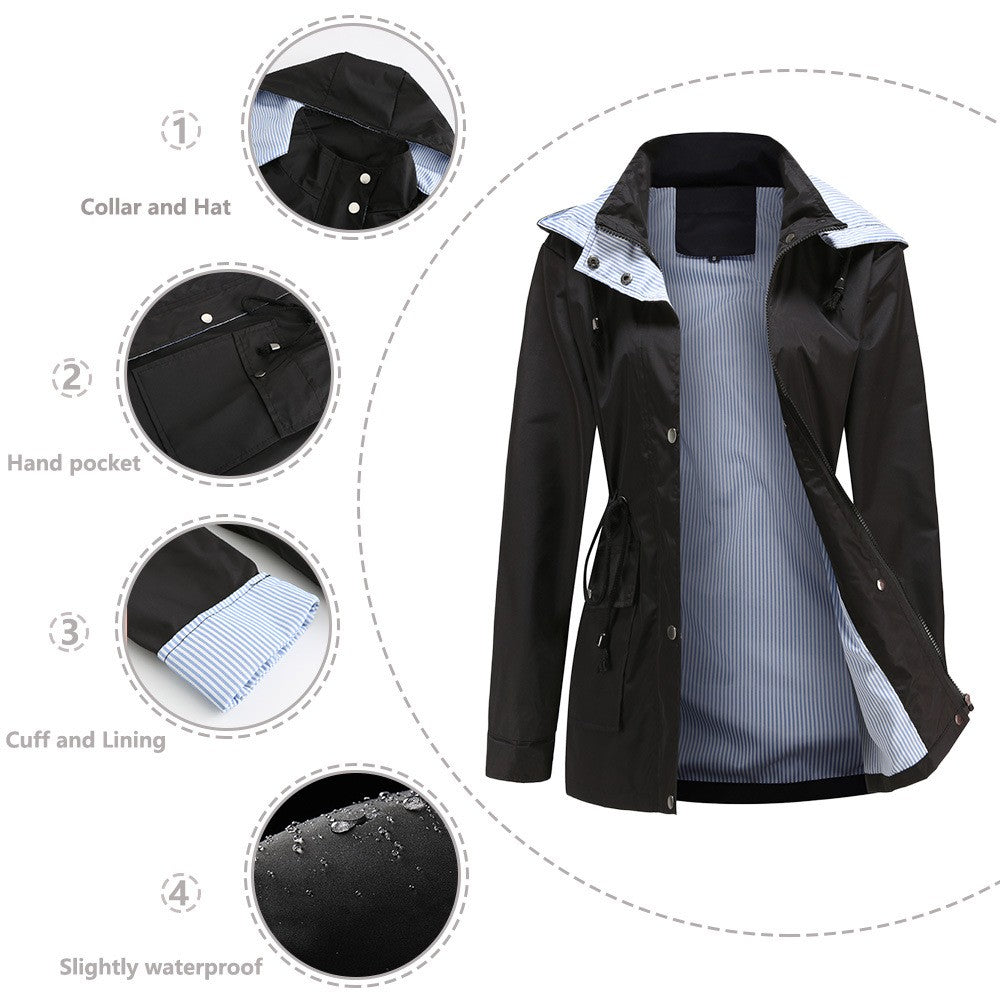 Purple Hooded Jacket for Spring 2025 Women's Office Fashion Women Outerwear Hat with Removable Waist Drawstring Water Proof