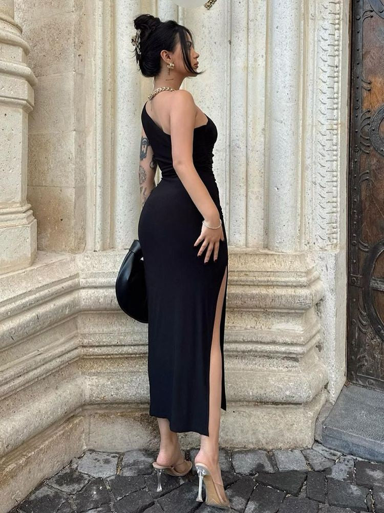 Summer Black New Dress Women Fashion Sexy Split Sleeveless Backless Slim Maxi Dr