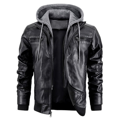 Men's PU Leather Jacket Hooded Motorcycle Slim Fit Casual Coats Men Autumn Winter Windproof Hat Detachable Biker Leather Outwear