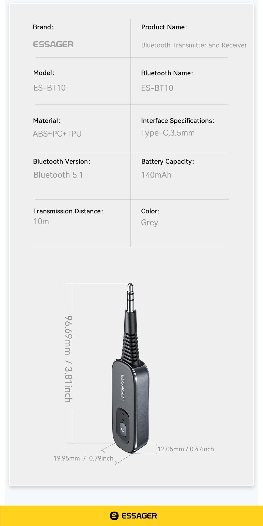 Essager 2-in-1 Bluetooth Audio Receiver Transmitter Wireless Bluetooth 5.1 3.5mm AUX Audio Adapter Stereo for Earphones TV Car