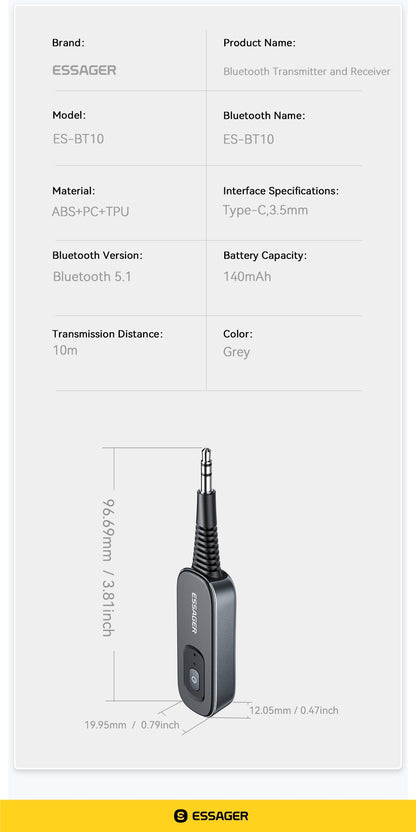 Essager 2-in-1 Bluetooth Audio Receiver Transmitter Wireless Bluetooth 5.1 3.5mm AUX Audio Adapter Stereo for Earphones TV Car