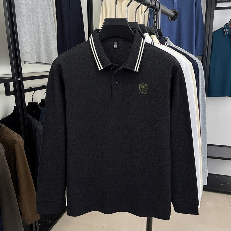 100Cotton Luxury Quality Men's Polo Shirt Striped Collar Breathable V-Print Long Sleeve Autumn Lapel T-Shirt Business Menswear