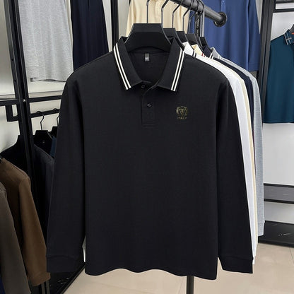 100Cotton Luxury Quality Men's Polo Shirt Striped Collar Breathable V-Print Long Sleeve Autumn Lapel T-Shirt Business Menswear