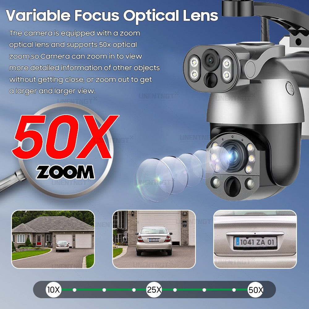 UNENTGT 4k Dual Lens View 50X Optical Zoom Solar Battery PTZ Camera 10MP SIM Card Outdoor Wifi CCTV Solaire Surveillance Camera